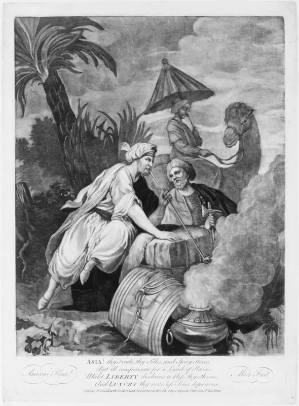 Asia! Thy trade, thy silks and spicy stores, But ill compensate for a Land of Slaves, Whilst Liberty disdains to bless thy Shores, And Luxury thy nerv'less sons depraves