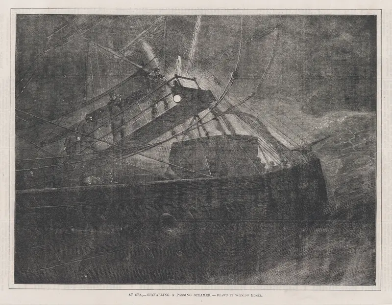 At Sea—Signalling a Passing Steamer (Every Saturday, Vol. II, New Series) Wall Art by Winslow Homer - High-Resolution Digital Print