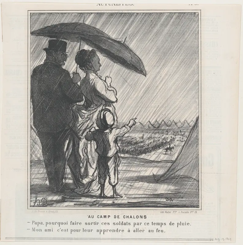 At the Chalons Camp: –Papa, why do they make the soldiers go out in the rain? –My boy, it is in order for them to learn to be under fire! from 'News of the day,' published in Le Charivari, August 19, 1869 Wall Art by Honoré Daumier - High-Resolution Digital Print
