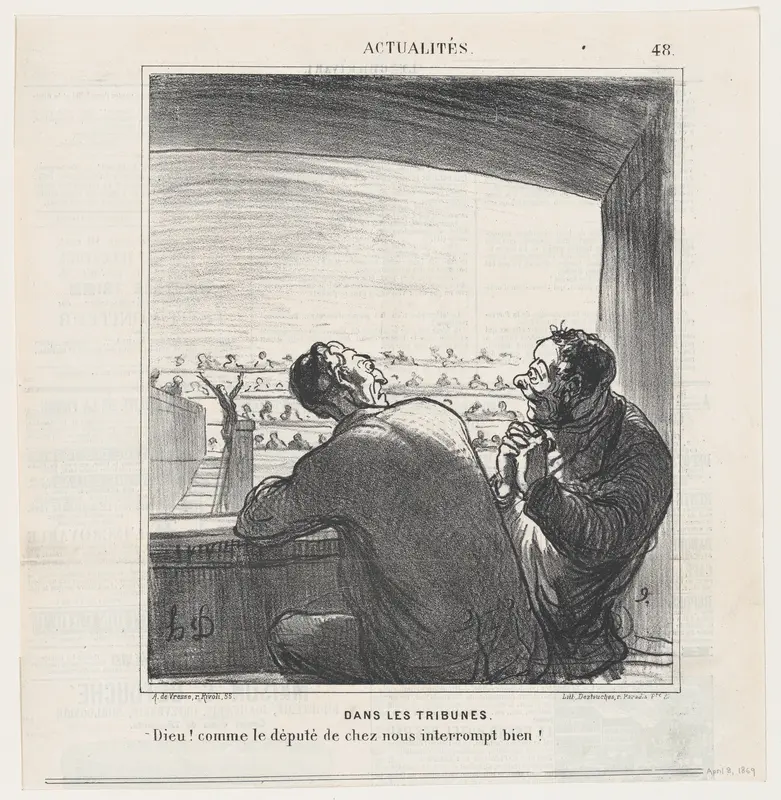 At the visitors tribune: God, our Deputy is good at interrupting!, from 'News of the day,' published in Le Charivari, April 8, 1869 Wall Art by Honoré Daumier - High-Resolution Digital Print