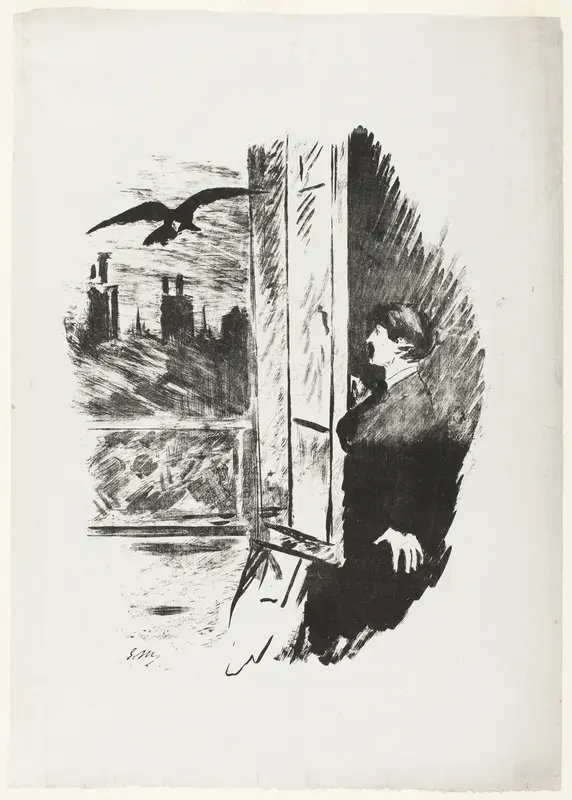 At the window ("Open here I flung the shutter..."), from The Raven (Le Corbeau)