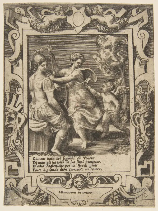 Athena seated near Juno who has taken away Cupid's arrows, set within an elaborate frame, from "Loves, Rages and Jealousies of Juno" Wall Art by Giulio Bonasone - High-Resolution Digital Print