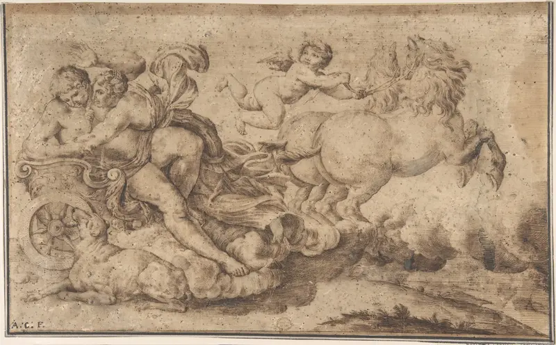 Aurora and Cephalus: Engraver's study after decoration in the Galleria Farnese, Rome Wall Art by Anonymous, Italian, Roman-Bolognese, 17th century - High-Resolution Digital Print