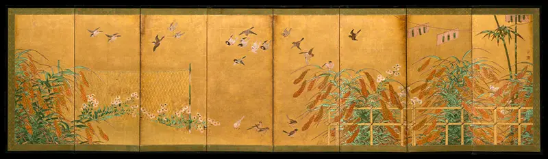 Autumn Millet and Small Birds Wall Art by Kano Sanraku - High-Resolution Digital Print