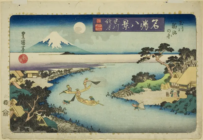 Autumn Moon of the Jewel River, View of Fishermen Catching Sweetfish (Tamagawa shugetsu, Tamagawa ayukumi no zu), from the series "Eight VIews of Famous Places (Meisho hakkei)"