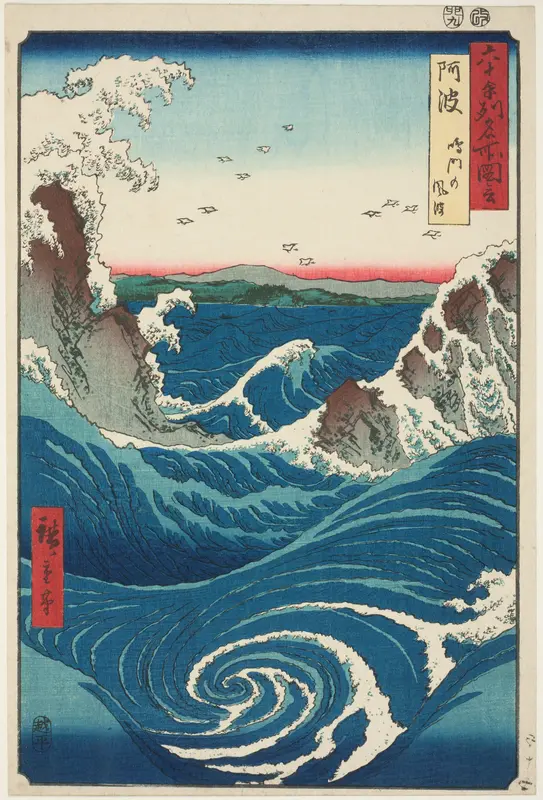 Awa Province: Naruto Whirlpools (Awa, Naruto no fūha), from the series Famous Places in the Sixty-Odd Provinces (Rokujūyoshmeisho zue) Wall Art by Utagawa Hiroshige - High-Resolution Digital Print