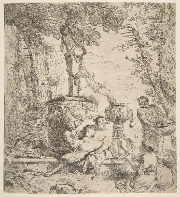 Bacchanal before an altar to the gods Wall Art by Giovanni Benedetto Castiglione (Il Grechetto) - High-Resolution Digital Print