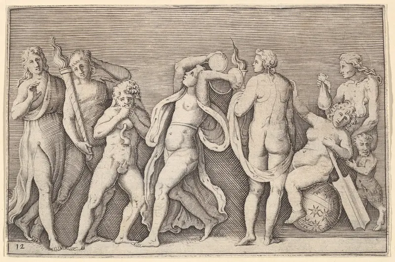 Bacchanale with Eight Figures, from "Ex Antiquis Cameorum et Gemmae Delineata/ Liber Secundus/et ab Enea Vico Parmen Incis" Wall Art by Anonymous, Italian, 16th century - High-Resolution Digital Print