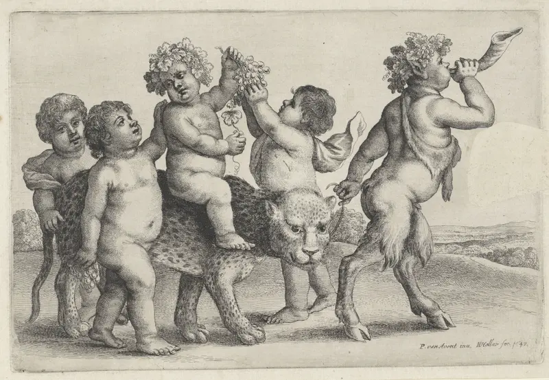 Bacchant zittend op een luipaard, omgeven door drie jongetjes en een sater Wall Art by Unknown - High-Resolution Digital Print