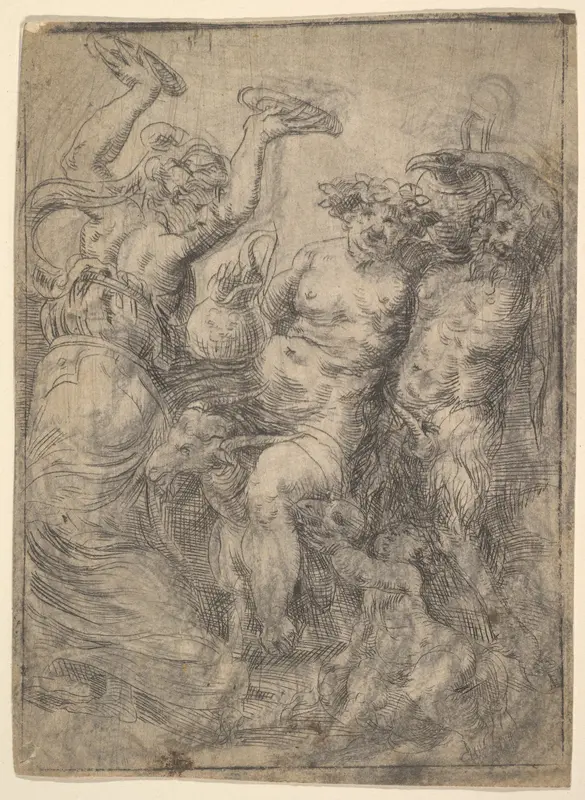Bacchic revel with Silenus in the centre riding a goat Wall Art by Andrea Schiavone (Andrea Meldola) - High-Resolution Digital Print