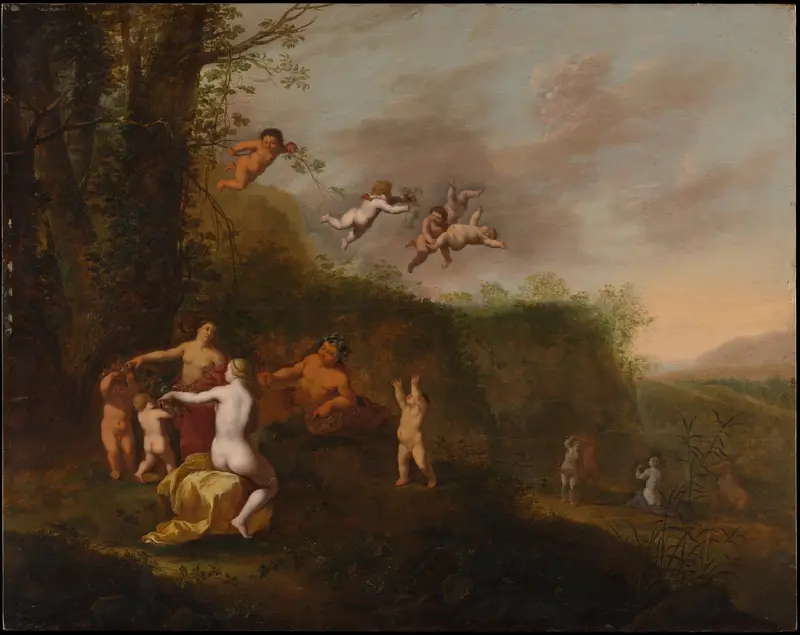 Bacchus and Nymphs in a Landscape Wall Art by Abraham van Cuylenborch - High-Resolution Digital Print