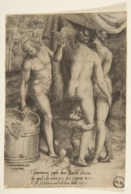 Bacchus at left giving grapes to women, from "The Loves of the Gods" Wall Art by Giulio Bonasone - High-Resolution Digital Print