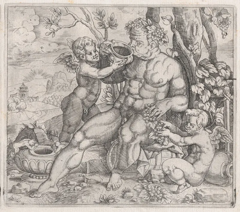 Bacchus, Seated, Drinking from a Vase Presented by a Putto, from "Speculum Romanae Magnificentiae" Wall Art by Anonymous - High-Resolution Digital Print