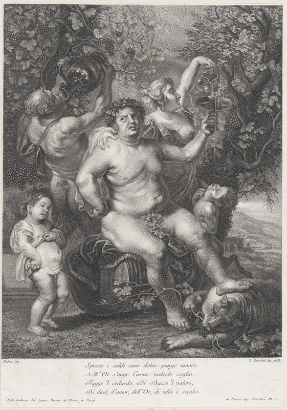 Bacchus seated on a barrel in front of grapevines, with bacchantes, satyrs, and children surrounding him Wall Art by Pietro Peiroleri - High-Resolution Digital Print