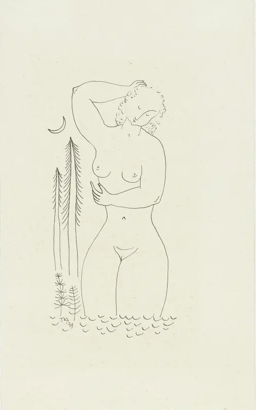 Badende naakte vrouw bij maanlicht Wall Art by Unknown - High-Resolution Digital Print