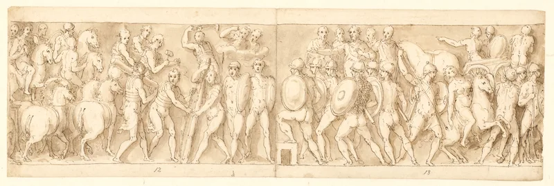 Bagerste del af kejserens og hans legionærer og garde på march; romerne opfører en lejr; romerne og kejseren på march Wall Art by Giovanni Guerra - High-Resolution Digital Print