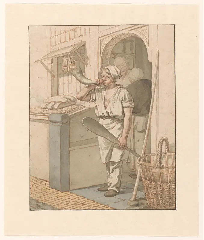 Bakker blaast voor zijn winkel op een hoorn Wall Art by Pieter Christoffel Wonder - High-Resolution Digital Print