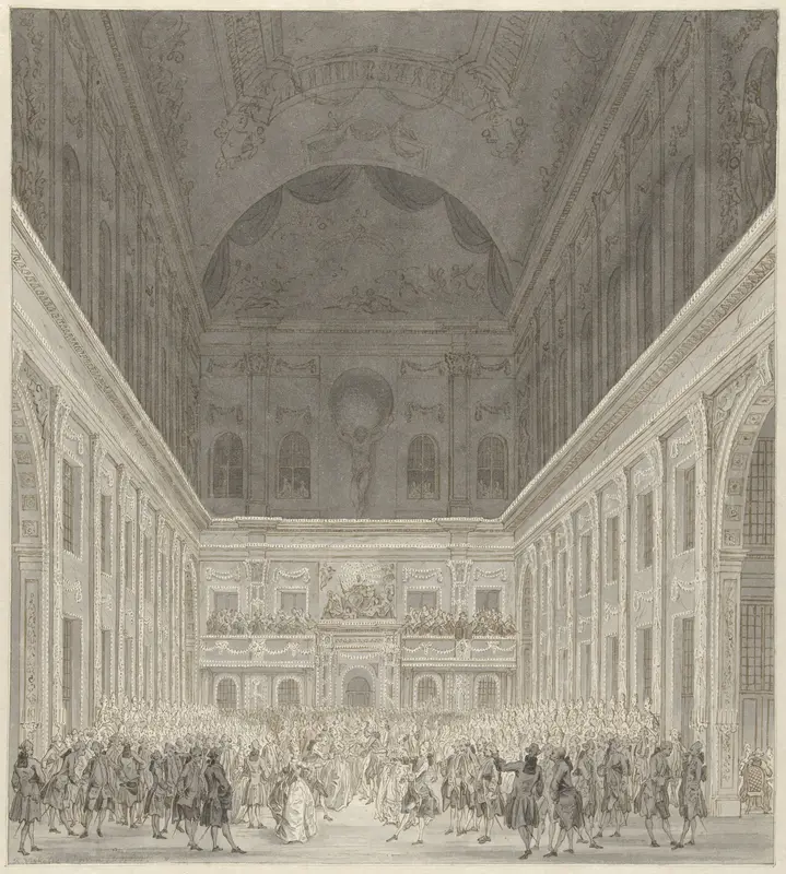 Bal in de Burgerzaal van het Stadhuis van Amsterdam ter ere van het bezoek van Prins Willem V en Wilhelmina van Pruisen, juni 1768 Wall Art by Unknown - High-Resolution Digital Print