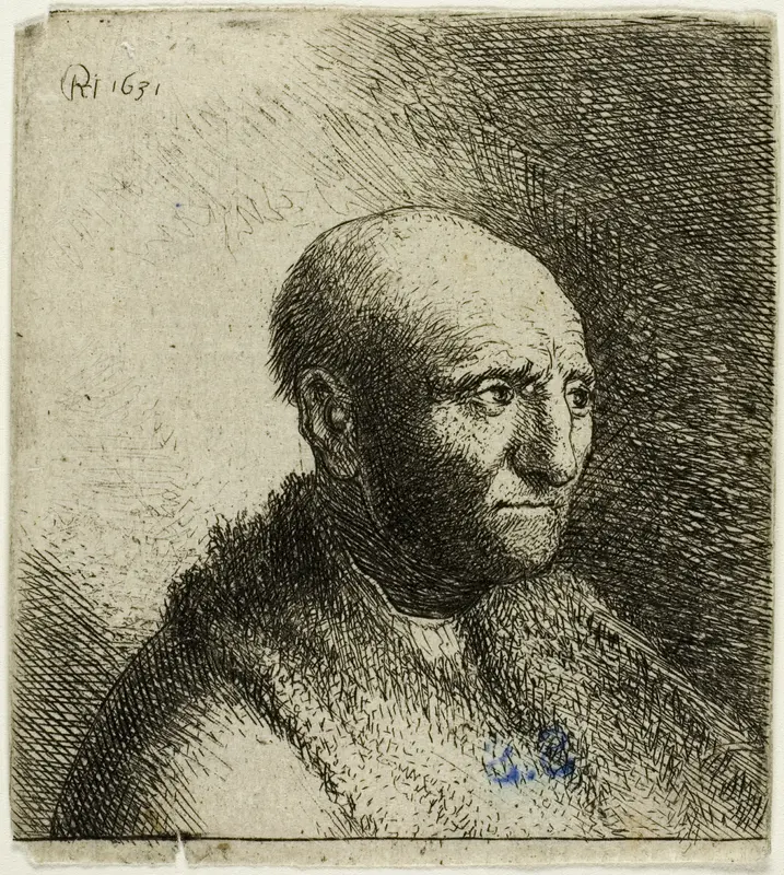 Bald Man in a Fur Cloak: Bust Wall Art by Rembrandt van Rijn - High-Resolution Digital Print