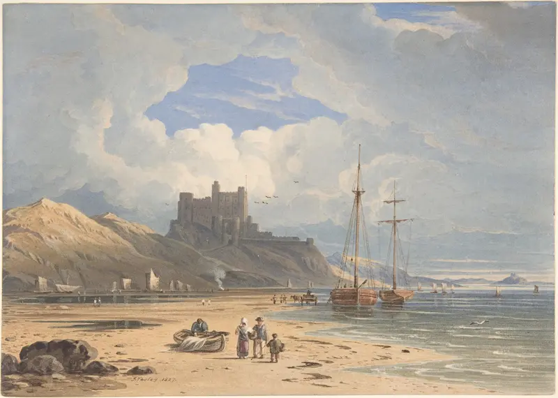 Bamborough Castle from the Northeast, with Holy Island in the Distance, Northumberland Wall Art by John Varley - High-Resolution Digital Print