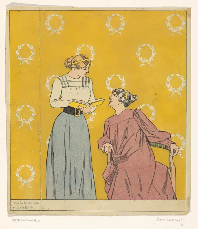 Bandontwerp met twee vrouwen met een boek Wall Art by Unknown - High-Resolution Digital Print
