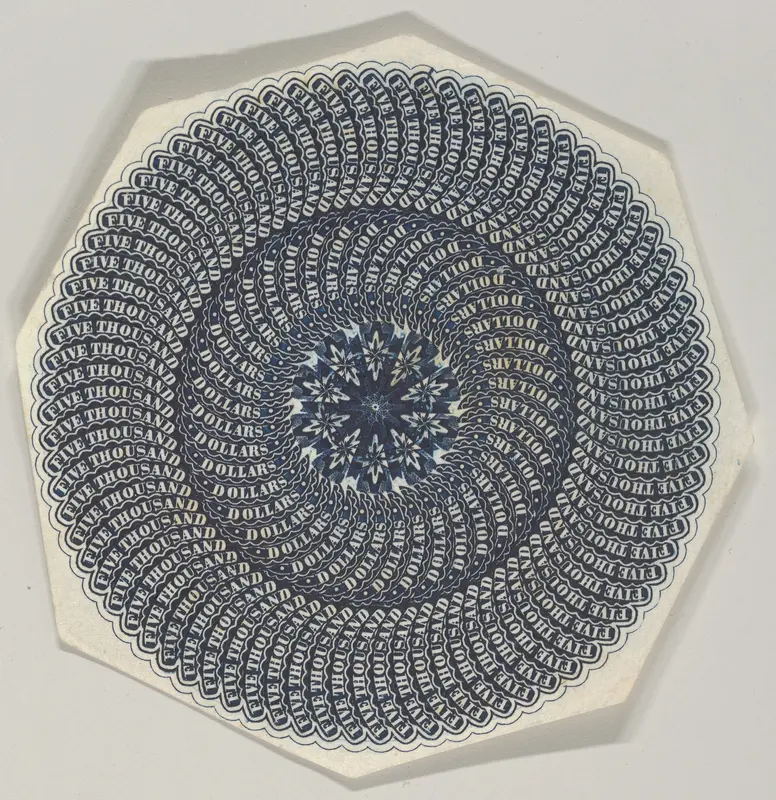Banknote motif: a circular lathe work design composed out of the repetition of the words "Five thousand dollars" Wall Art by Cyrus Durand - High-Resolution Digital Print