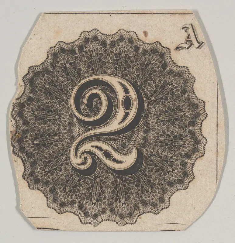 Banknote motif: number 2 against a circular panel of lathe work with a scalloped edge Wall Art by Cyrus Durand - High-Resolution Digital Print