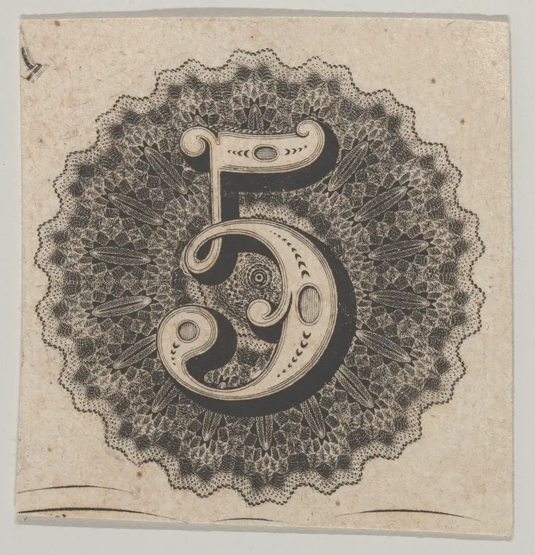 Banknote motif: number 5 against a circular panel of lace-like lathe work with a scalloped edge Wall Art by Cyrus Durand - High-Resolution Digital Print