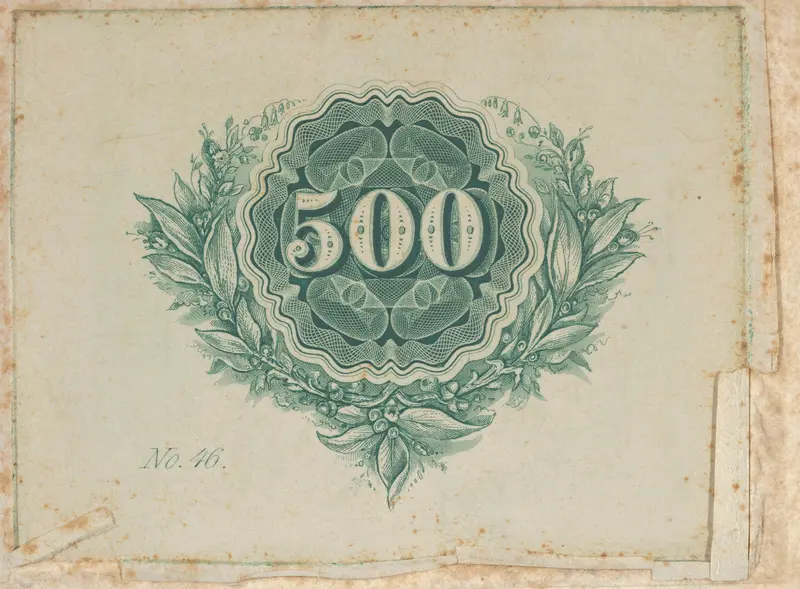 Banknote motif: number 500 at the center of a circular design of lathe work with wavy edges, surrounded by an open wreath of leaves, berries and flowers Wall Art by Cyrus Durand - High-Resolution Digital Print