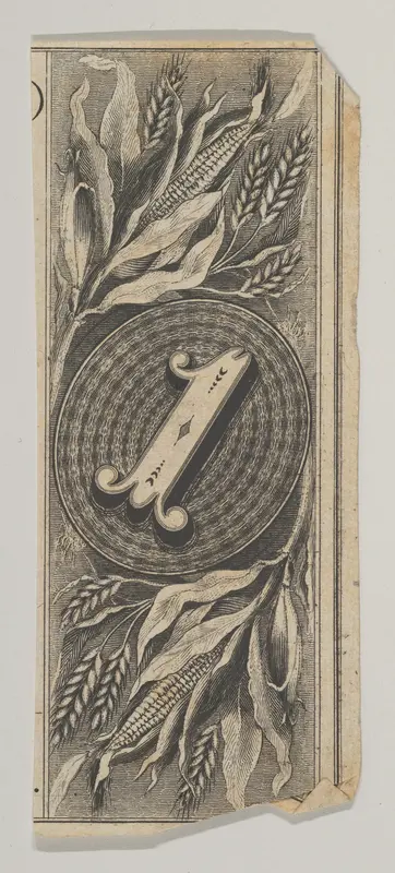 Banknote motif: the number 1 against an oval of woven lathe work, inside a rectangle decorated with grain Wall Art by Cyrus Durand - High-Resolution Digital Print