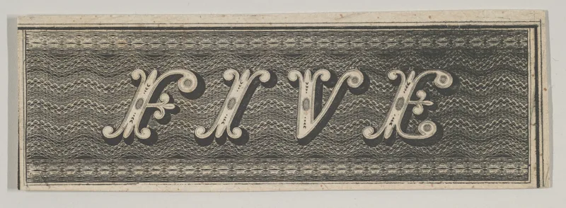 Banknote motif: the word FIVE against a rectangle of ornamental lathe work resembling wavy woven bands Wall Art by Cyrus Durand - High-Resolution Digital Print