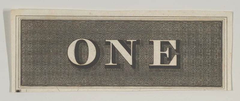 Banknote motif: the word ONE against a rectangle of ornamental basket-like lathe work Wall Art by Cyrus Durand - High-Resolution Digital Print