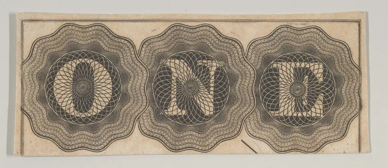 Banknote motif: the word ONE with each letter set against a circle of lathe work Wall Art by Cyrus Durand - High-Resolution Digital Print