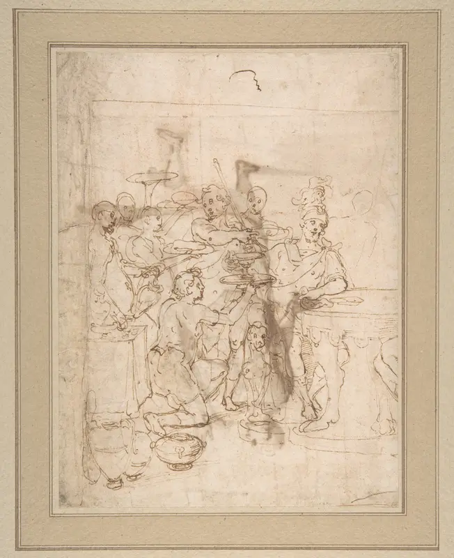 Banquet Scene: A Seated Warrior Attended by a Number of Servants (recto); Back View of a Standing Man in a Long Cloak (verso) Wall Art by Cesare Nebbia - High-Resolution Digital Print