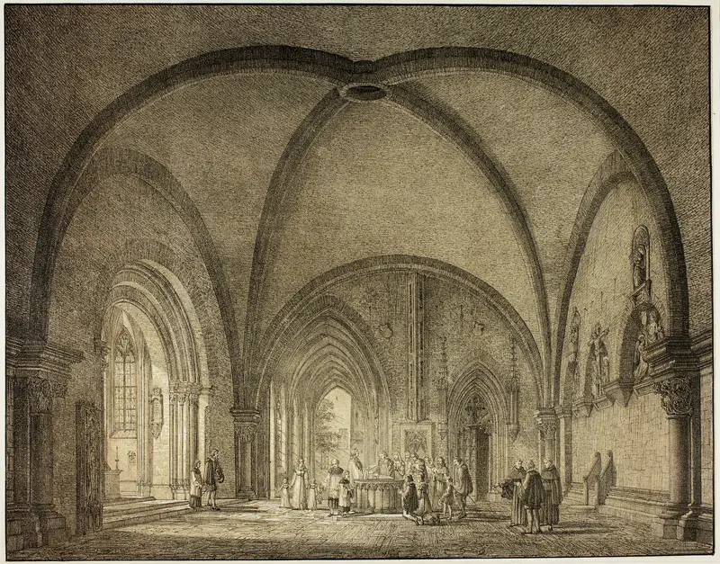 Baptismal Hall and Cloisters in the Cathedral at Mainz, from Collection of Memorable Medieval Buildings in Germany Wall Art by Domenico Quaglio - High-Resolution Digital Print