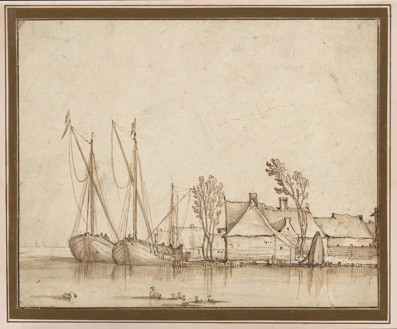 Barges Moored by Cottages Wall Art by Claes Jansz. Visscher the Younger - High-Resolution Digital Print