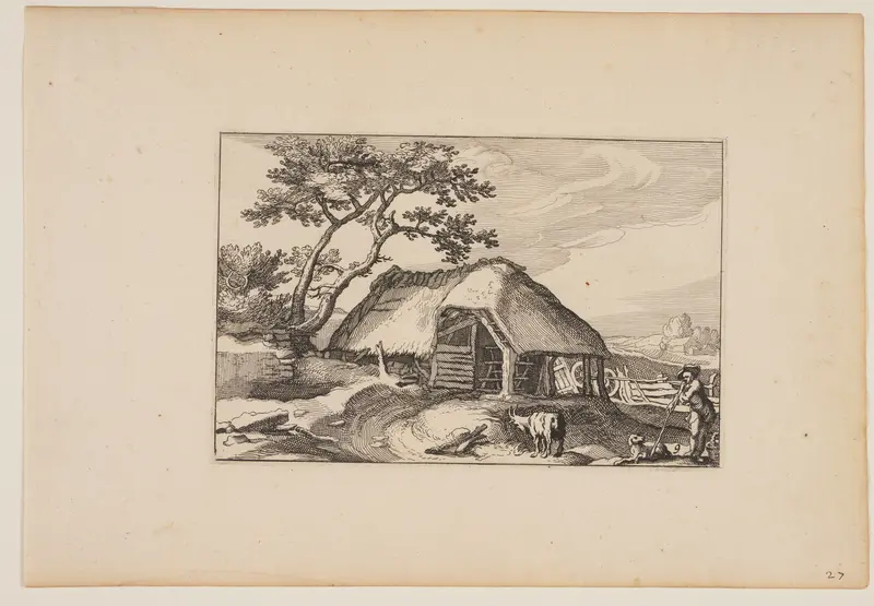 Barn, Herd Resting on his Stick in Right Foreground, from Landscapes (Verscheyden aerdige Lanthuysen...)