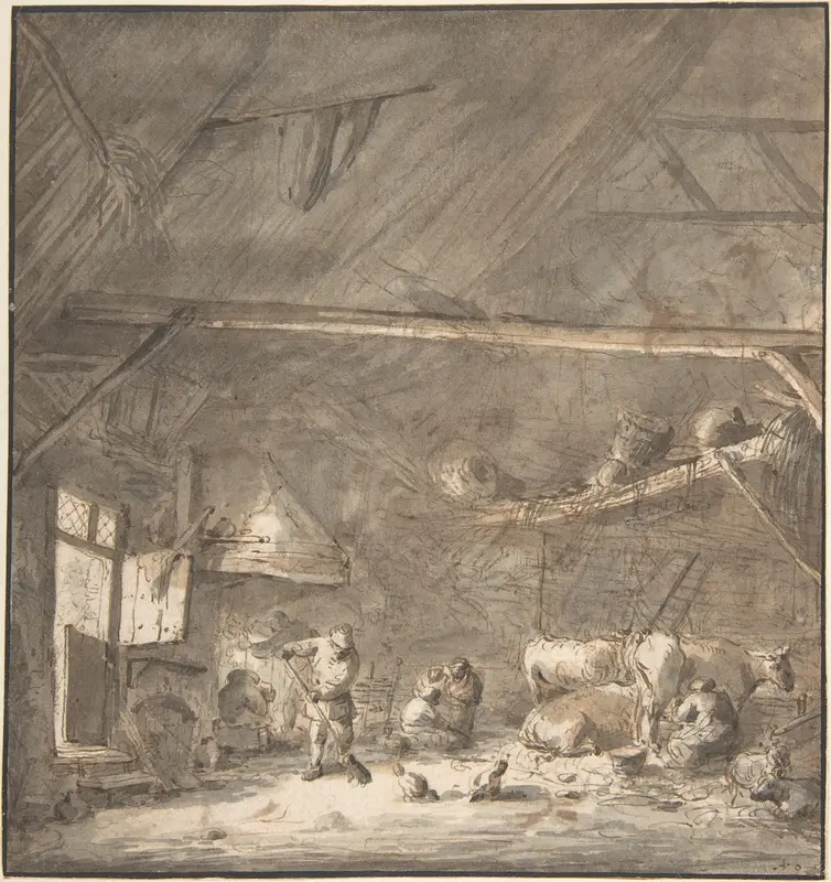 Barn Interior with Peasants and Cows (recto); Six Studies of Peasants (verso) Wall Art by Isaac van Ostade - High-Resolution Digital Print