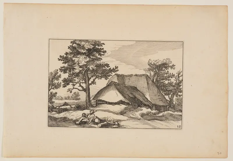Barns, Resting Herd and Dog in Centre Foreground, from Landscapes (Verscheyden aerdige Lanthuysen...)