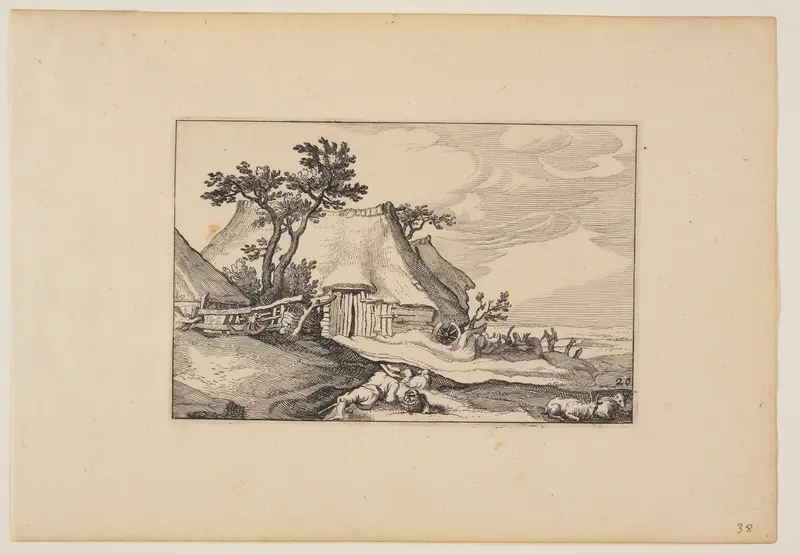 Barns, Resting Man with Basket of Eggs in Foreground, from Landscapes (Verscheyden aerdige Lanthuysen...)