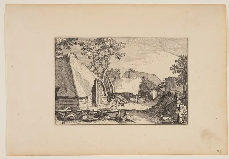 Barns, Woman and Dog in Right Foreground, from Landscapes (Verscheyden aerdige Lanthuysen...)