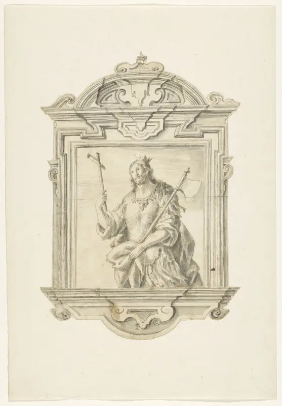 Barokke lijst met voorstelling van een martelaar in kniestuk, met een kruis en bijl in de hand Wall Art by anonymous - High-Resolution Digital Print