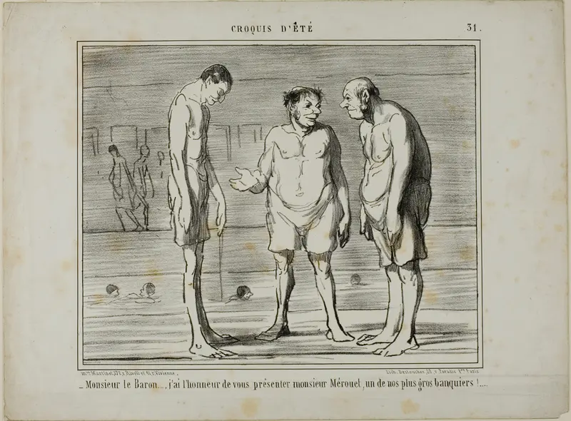 “- Baron, I have the honor of introducing you to Mr. Mérouel, one of our biggest bankers… - Baron, I have the honor of introducing you to Mr. Cascaret, one of our biggest shareholders,” plate 31 from Croquis D'été