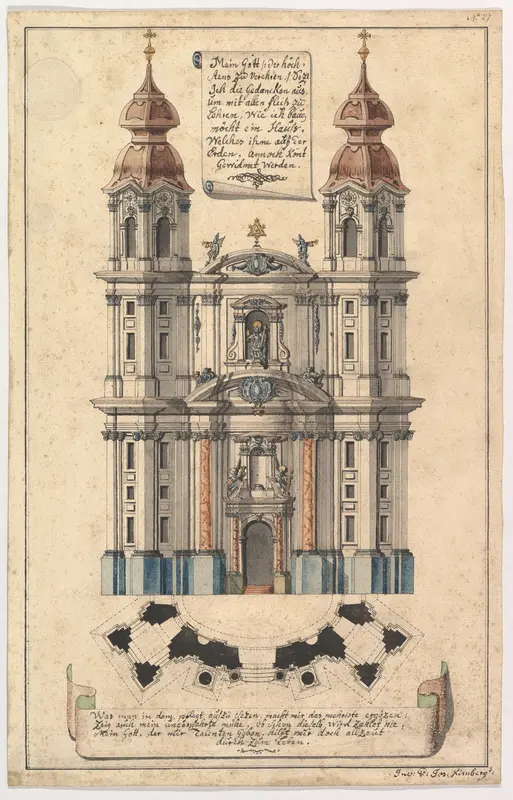 Baroque Church Façade with Obliquely Placed Towers Wall Art by Joseph Kirnberger - High-Resolution Digital Print