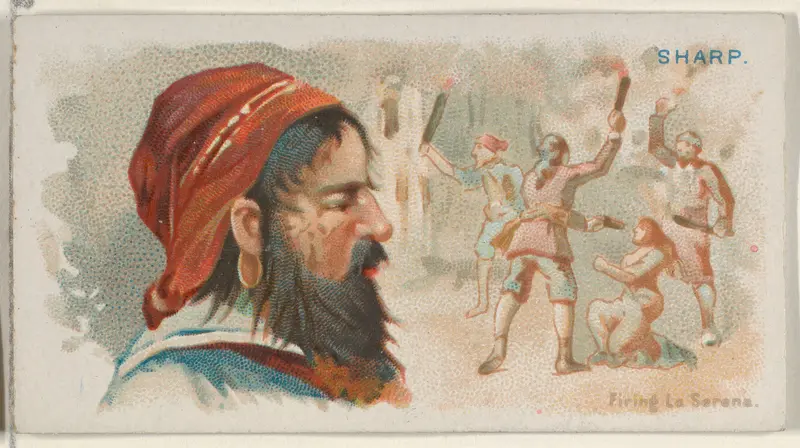 Bartholomew Sharp, Firing La Serena, from the Pirates of the Spanish Main series (N19) for Allen & Ginter Cigarettes Wall Art by Allen & Ginter - High-Resolution Digital Print
