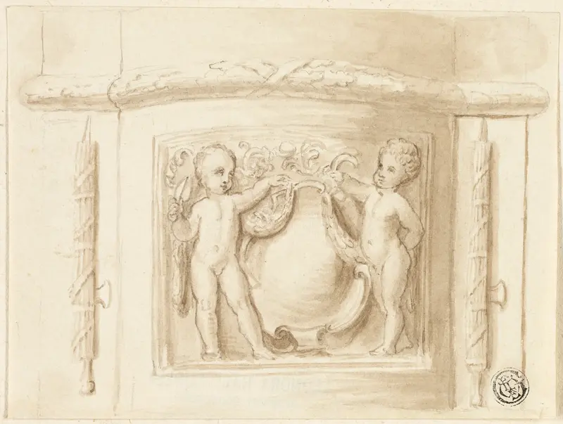Base of Pilaster with Relief, with 2 Putti, Shield Wall Art by Thomas Stothard - High-Resolution Digital Print