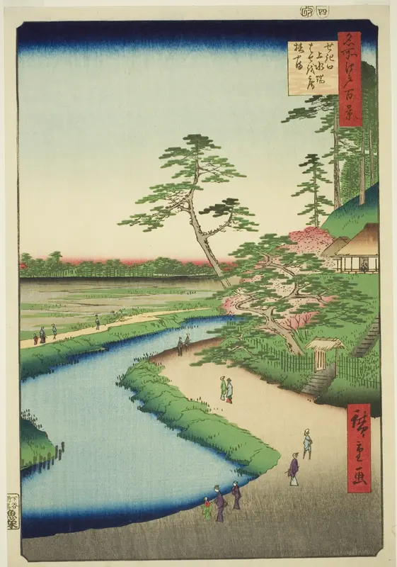 Basho's Hut on Camellia Hill Beside the Aquaduct at Sekiguchi (Sekiguchi josui-bata Bashoan Tsubakiyama), from the series "One Hundred Famous Views of Edo (Meisho Edo hyakkei)"