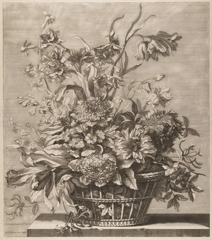 Basket of Flowers from the Book of Several Baskets of Flowers, Designed and Engraved by Baptiste Monnoyer (Livre de Plusieurs Corbeilles de Fleurs dessiné et gravé par Baptiste Monnoyer) Wall Art by Jean-Baptiste Monnoyer - High-Resolution Digital Print