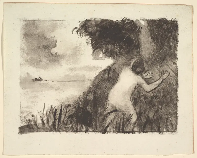 Bather Standing Among Grasses at the Shore Wall Art by Camille Pissarro - High-Resolution Digital Print