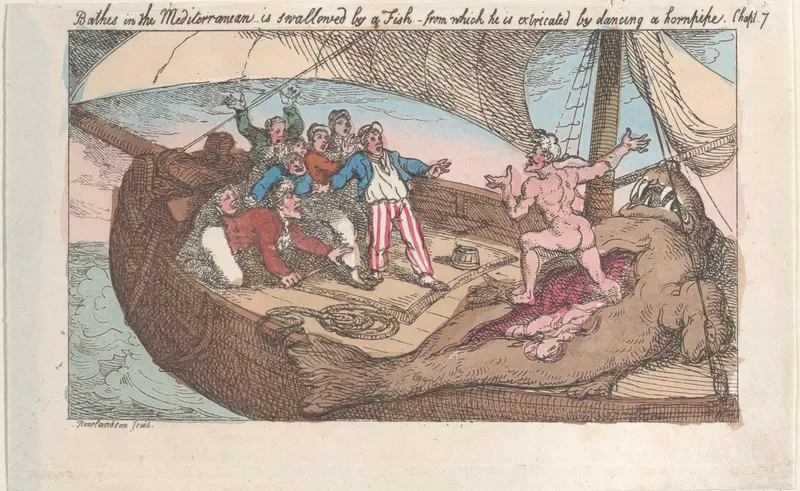 Bathes in the Mediterranean, is swallowed by a fish, from which he is extricated by dancing a hornpipe Wall Art by Thomas Rowlandson - High-Resolution Digital Print